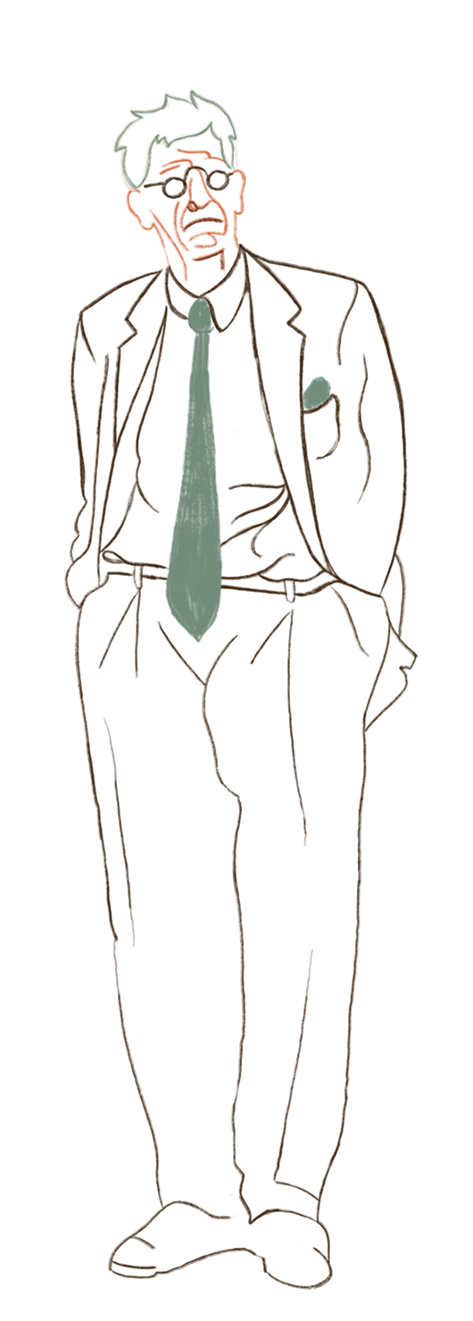 Hand-drawn illustration of a man in a suit