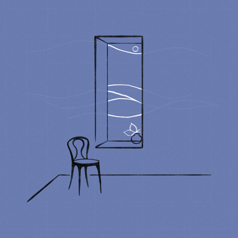 Illustration of a chair beside a tall alcove in a blue room